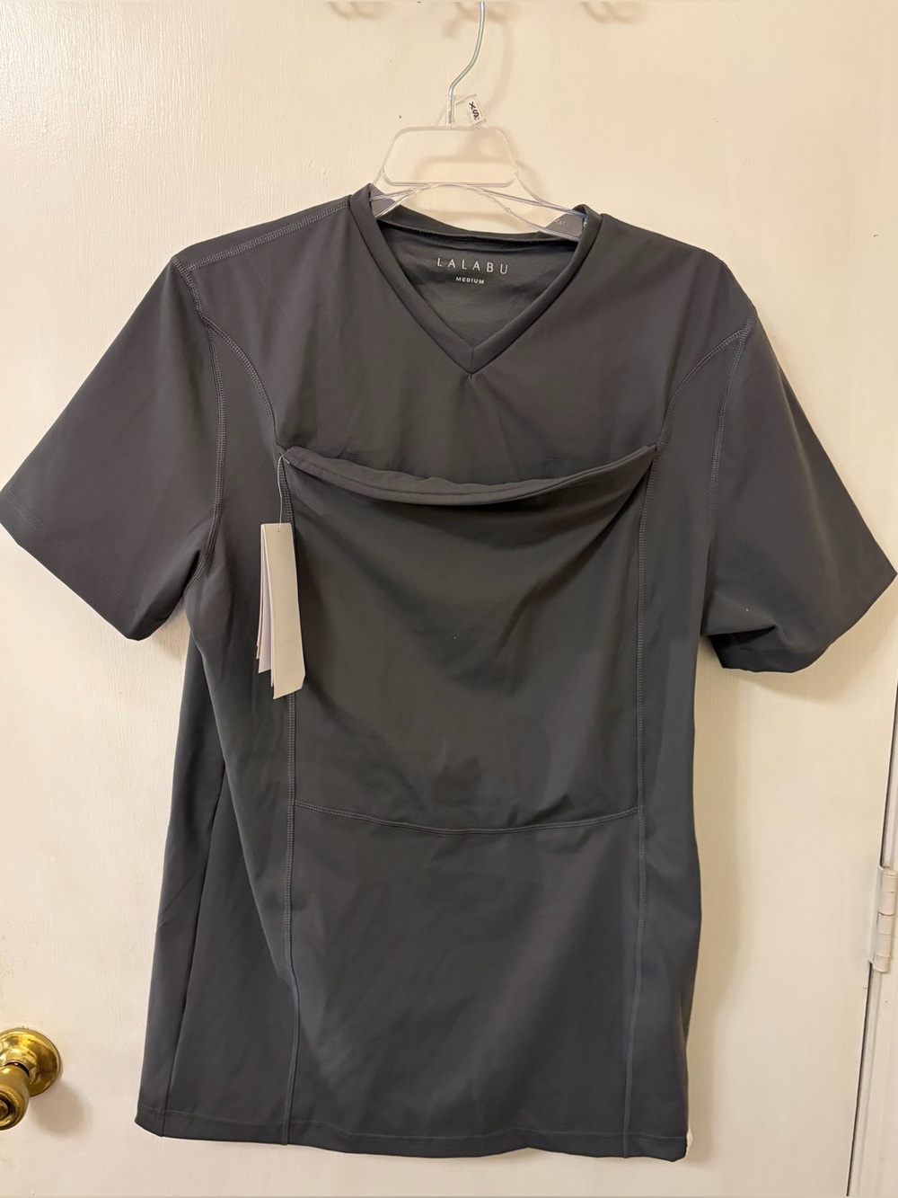Lalabu Men's Dark Gray V-Neck Short Sleeve Dad Shirt with Front Baby Pocket